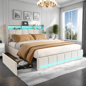 Letto funzionale Fortuna Lai letto imbottito 160x200 cm, letto matrimoniale con ricarica USB e contenitore sulla testata, lino, beige