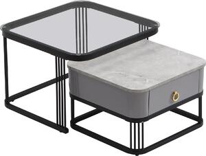 Set di 2 tavolini Fortuna Lai, piano in marmo e vetro, accenti dorati, con 1 cassetto, nero