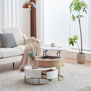 Tavolino regolabile in altezza Fortuna Lai, tavolino da salotto moderno con 2 cassetti, per il balcone del soggiorno, colore bianco e legno