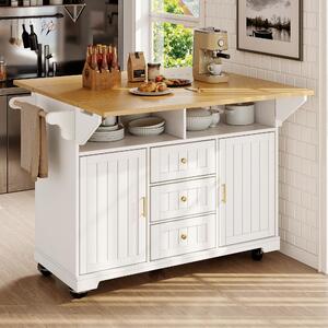 Isola mobile per cucina con ruote, dimensioni 120x40x95 cm, realizzata in MDF e metallo, finitura bianca effetto legno, con piano ribaltabile su entrambi i lati, ideale per cucina e sala da pranzo