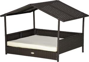 Fortuna Lai Cuccia per cani in rattan con cuscino 98 x 69 x 73 cm Cuccia per cani in formato casa Cuccia per cani da esterno con telaio in acciaio PP marrone caffè
