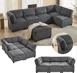 Divano modulare da 6 posti, rivestito in corda grigia, versatile e trasformabile in forma a "U", a "L" o come divano letto, dotato di tasche laterali e struttura in legno e metallo