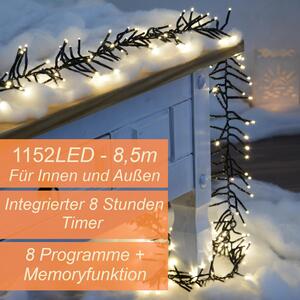 Catena luminosa a grappolo da 1152 LED 8,5 m bianco caldo con timer e 8 programmi per interni ed esterni