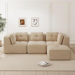 Divano angolare modulare in corda, divano a forma di L color beige. Tre posti con poggiapiedi e seduta profonda, non richiede montaggio, dimensioni 297x177x69 cm