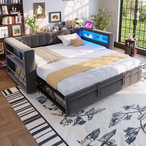 Divano letto 90x190 cm e 180x190 cm con rivestimento in flanella color grigio scuro, dotato di spazio contenitore e illuminazione a LED, ideale per soggiorni, camere da letto e stanze per gli ospiti