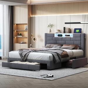 Letto imbottito Fortuna Lai 140x200 cm con 3 cassetti, testata con vano portaoggetti, letto matrimoniale youth bed LED & USB, velluto, grigio