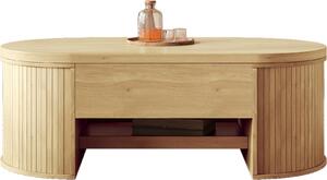Tavolino Fortuna Lai, tavolino con bordi in legno curvi, ripiano estraibile, piano regolabile in altezza, mobile multifunzionale per il soggiorno