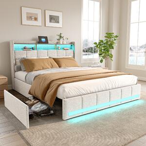 Letto imbottito 160x200cm con USB, letto per ragazzi letto matrimoniale con rete a doghe e 4 cassetti, letto contenitore con LED, biancheria, beige