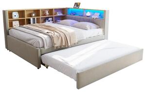 Divano letto 140x200 cm con letto estraibile 90x190 cm, illuminazione LED, porte USB-C, USB e presa di corrente, rivestito in flanella color grigio chiaro con vani portaoggetti