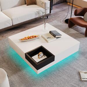Fortuna Lai tavolino LED 72x72x30 cm tavolino con vani portaoggetti estraibili tavolo da divano tavolo da soggiorno lucido, bianco/nero
