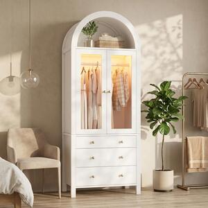 Armadio MODFU bianco con vetrina a LED, armadio con ante a battente e vetri, mobile multifunzionale con 3 cassetti e vano porta gioielli, dimensioni 80 x 50 x 200 cm