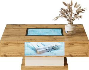 Tavolino in legno Fortuna Lai con LED, ripiano in vetro e 2 cassetti