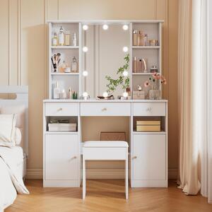 Fortuna Lai Grande toletta, tavolo da trucco con illuminazione LED regolabile, con specchio e sgabello, 3 cassetti e 2 ante, camera da letto bianca, dimensioni: H151 cm × L110cm × P40 cm
