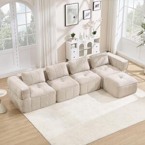 Divano modulare a forma di L, per 4 persone, senza struttura a vista, con poggiapiedi, rivestito in poliestere beige, imbottitura in schiuma 32D, seduta profonda, dimensioni: 344x162x67 cm