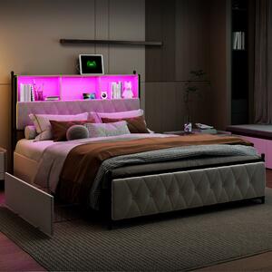 Fortuna Lai letto imbottito con USB tipo C e rete a doghe, letto matrimoniale 140x200cm letto contenitore con 4 cassetti, letto in legno massiccio letto funzionale con led, letto giovanile letto matrimoniale in velluto, beige