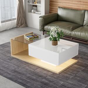 Tavolino Fortuna Lai 100x50x32cm con piano in vetro e cassetto, tavolino lucido con LED incl. APP, tavolino da salotto, Naturale