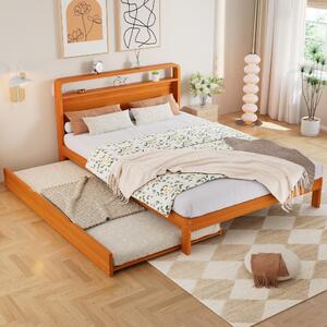 Letto in legno 140x200 cm con letto estraibile 90x190 cm, struttura in legno di pino e compensato di colore naturale, con testiera arrotondata, ideale per camere da letto o camere per gli ospiti