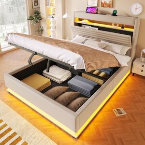 Letto imbottito 140x200 cm con rivestimento in lino color beige, testiera imbottita, contenitore a sollevamento idraulico e illuminazione LED, ideale per la camera da letto