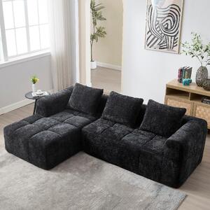 Divano L 250x158x60 cm in velluto nero, con chaise longue e due tasche laterali, imbottitura moderna ideale per il soggiorno