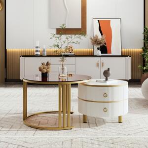 Fortuna Lai Set di tavolini 2 in 1 in legno con cassetti e struttura in metallo, tavolino da salotto, tavolino lucido, tavolino con piano in vetro, bianco
