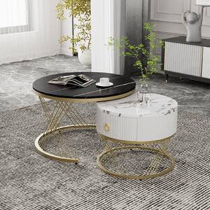 Set di 2 tavolini in marmo con ripiano rotondo Ø70 x 45cm e Ø50 x 40cm, tavolino con cassetto e struttura in metallo dorato, tavolo da salotto tavolo da divano