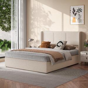 Letto imbottito 160x200 cm con contenitore, letto con sistema di sollevamento idraulico e spazio contenitivo, testiera imbottita con schienale, rete a doghe, letto matrimoniale rivestito in tessuto, colore beige