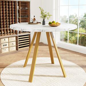 Tavolo da pranzo rotondo Fortuna Lai (80×80×75 cm), tavolo da cucina, tavolino rotondo per 4 persone, adatto per sala da pranzo, soggiorno, gambe in metallo, motivo marmo bianco e gambe dorate