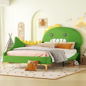Letto imbottito Fortuna Lai, letto per bambini 90x200cm con testata a forma di dinosauro cartoon in Pelle finta, verde