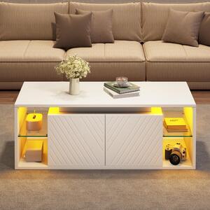 Tavolino da salotto 100x50x41 cm con 2 ante, bianco, realizzato in pannello di particelle, dotato di illuminazione LED controllabile tramite app e vano contenitore semiaperto