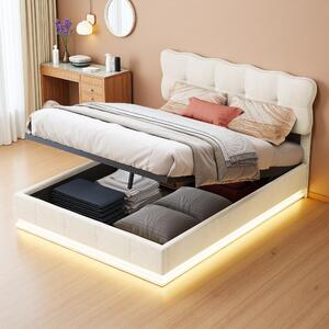 Letto imbottito Fortuna Lai 160x200 cm, LED, rete, idraulico, testata regolabile, velluto, beige