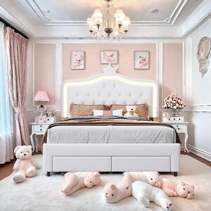 Letto imbottito Fortuna Lai 140x200cm, letto matrimoniale per bambini con testata regolabile e contenitore, letto per ragazzi in legno con rete a doghe, PU, bianco