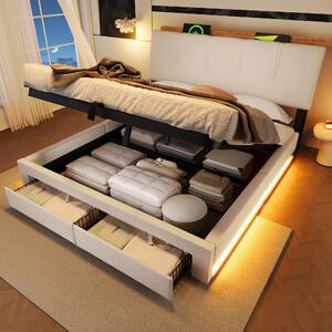 Letto imbottito 140x200 cm con rivestimento in lino color beige, contenitore a sollevamento idraulico e illuminazione a LED, testiera imbottita per la camera da letto