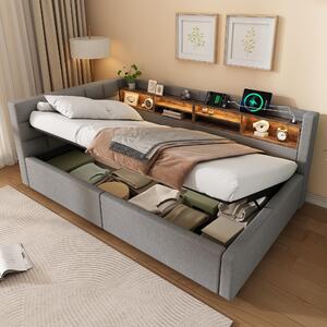 Letto a giorno 90x200 cm con spazio contenitore e striscia LED dimmerabile, letto grigio con porta USB per la camera da letto