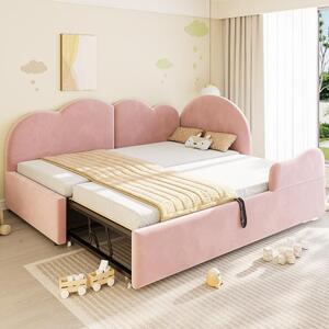 Letto imbottito con letto a scomparsa 90x200+90x190 cm, divano letto angolare in velluto rosa con testiera a forma di nuvola, ideale per camerette o stanze per gli ospiti