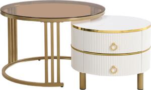 Set di 2 tavolini rotondi Fortuna Lai - con piano in vetro marrone, 2 cassetti, design moderno - bianco