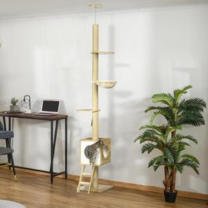 Tiragraffi Fortuna Lai, alto fino al soffitto, cuccia per gatti, due piattaforme, amaca, protezione antiribaltamento, marrone chiaro+beige, 40 x 40 x 260 cm