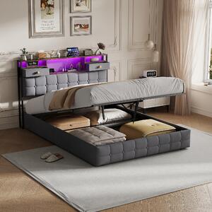 Letto imbottito REMZETTA, 140 x 200 cm, con contenitore, sistema di sollevamento idraulico, 2 cassetti nella testata e illuminazione LED, colore grigio, per adulti