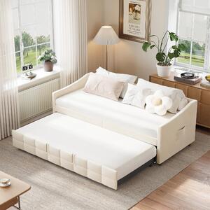 Divano letto Fortuna Lai, velluto, beige, 90x200 cm, incl. rete a doghe e braccioli, moderno, max. 300 kg, 45 kg