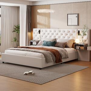 Letto imbottito Fortuna Lai 140x200cm con USB e lampada da lettura, letto a molle con rete a doghe, letto matrimoniale con contenitore, letto contenitore funzionale, velluto, beige