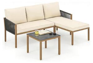 Set da giardino KOMFOTTEU, composto da 3 elementi: divano esterno a forma di L con tavolino, set di sedute con struttura in metallo, corde intrecciate e cuscini morbidi. Ideale per terrazzi, balconi, giardini e piscine