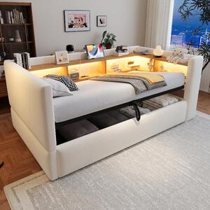 Divano letto 90x190 cm color beige, con vano contenitore a sollevamento idraulico, illuminazione a LED, presa di corrente e ripiani portaoggetti, rivestito in flanella