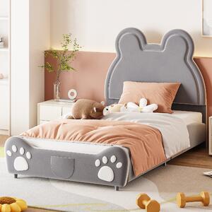 Letto imbottito Fortuna Lai 90x200cm, letto per bambini a forma di orso, letto singolo in tessuto vellutato skin-friendly, grigio