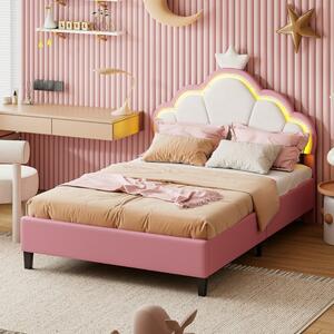 Letto imbottito Fortuna Lai 140*200cm con rete a doghe, letto da principessa a forma di , letto per ragazzi letto per bambini con led regolabile, letto matrimoniale, velluto, rosa
