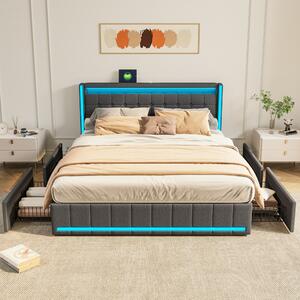 Letto imbottito Fortuna Lai 160x200cm con 4 cassetti, USB e type C, letto contenitore letto giovanile con rete a doghe e Led, letto funzionale letto matrimoniale in lino, grigio