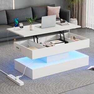 Fortuna Lai Tavolino moderno con illuminazione a LED e vano portaoggetti nascosto - Tavolino con sollevamento idraulico, 100*50*42 cm, portata 50 kg