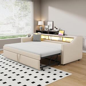 Divano letto 90x190 cm, estendibile a 180x190 cm, con struttura imbottita, rete a doghe, presa LED e USB, rivestito in lino beige, ideale per soggiorno o camera da letto