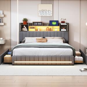 Letto imbottito Fortuna Lai 140x190cm con USB e LED, letto per ragazzi letto matrimoniale con 4 cassetti, letto contenitore letto in legno massiccio con rete a doghe, lino, grigio