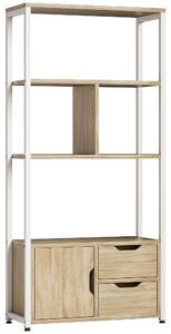 HOMCOM Libreria Scaffale con Ripiani, Cassetti e Anta per Libri, Stile Industriale, 58x24x122 cm, Bianco e Legno Naturale | Aosom Italy