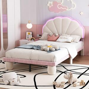 Letto imbottito Fortuna Lai 90x200cm con testata smerlata e LED, gambe tonde imbottite e rete a doghe, letto per ragazzi letto per bambini letto singolo in velluto, beige/rosa