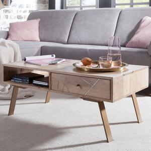 FineBuy Tavolino in legno massiccio di mango rettangolare 95cm - Tavolino da salotto con cassetto e ripiano - Stile country con gambe in metallo dal design retrò